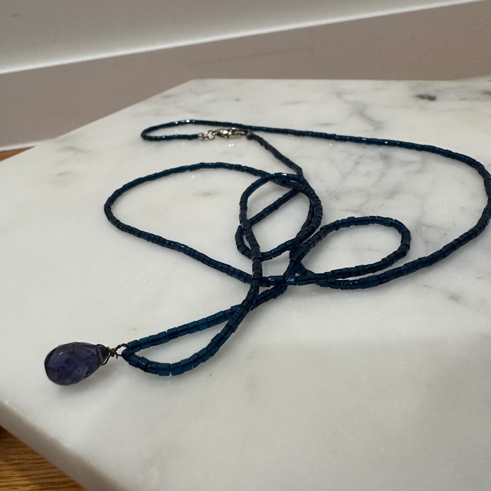 Vintage Blue Beaded Necklace with Teadrop Gem